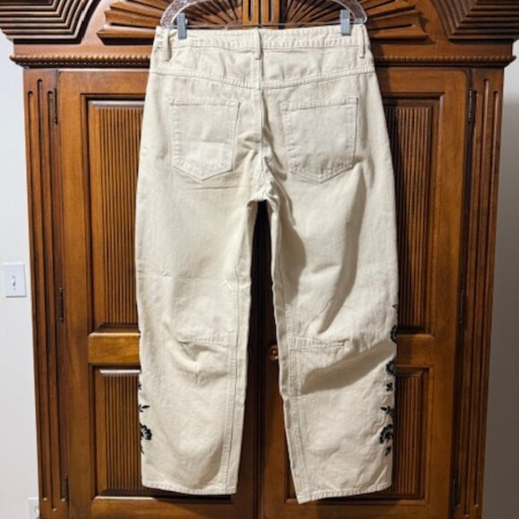 Driftwood Barbara Cream Barrel Jeans Black Embroidery Button Fly 30 (34) - Picture 3 of 6